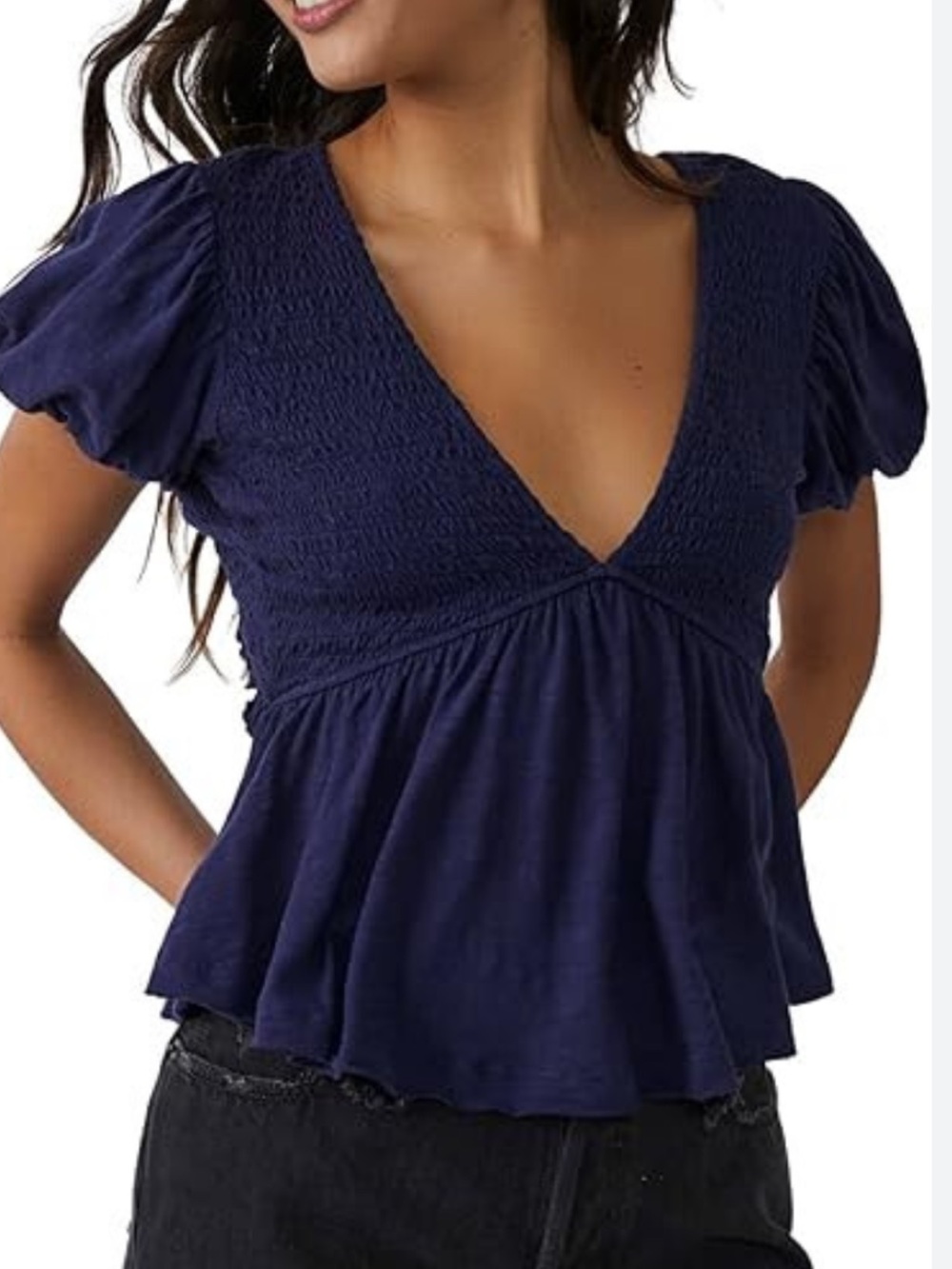 Free People Charlotte V-Neck Blouse navy open back smocked top size medium